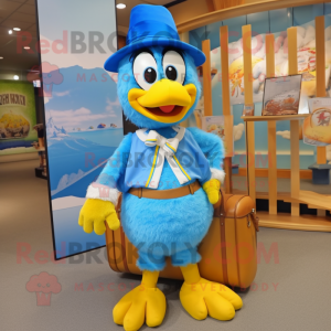 Sky Blue Hens mascot costume character dressed with a Culottes and Messenger bags