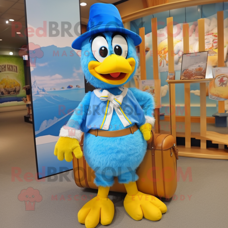 Sky Blue Hens mascot costume character dressed with a Culottes and Messenger bags Sky Blue Hens mascot costume character dressed with a Culottes and Messenger bags