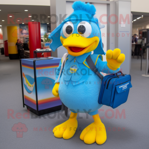Sky Blue Hens mascot costume character dressed with a Culottes and Messenger bags