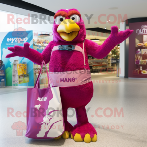 Magenta Hawk mascot costume character dressed with a One-Piece Swimsuit and Tote bags