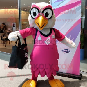 Magenta Hawk mascot costume character dressed with a One-Piece Swimsuit and Tote bags