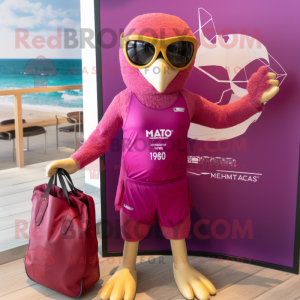 Magenta Hawk mascot costume character dressed with a One-Piece Swimsuit and Tote bags