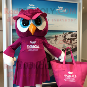 Magenta Hawk mascot costume character dressed with a One-Piece Swimsuit and Tote bags