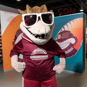 Maroon Armadillo mascot costume character dressed with a Sweatshirt and Sunglasses