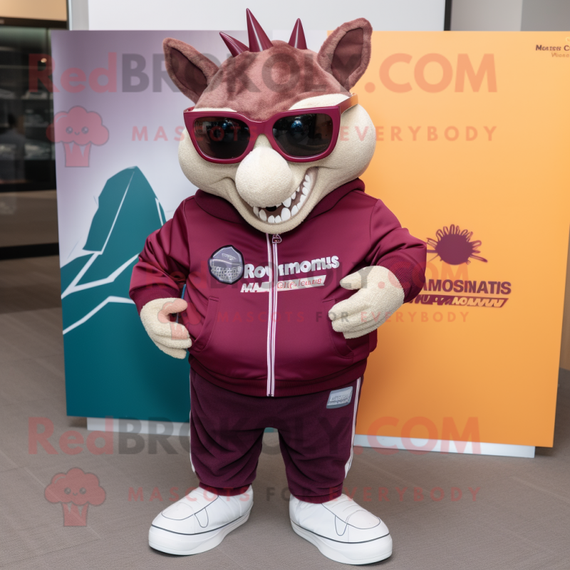 Maroon Armadillo mascot costume character dressed with a Sweatshirt and Sunglasses Maroon Armadillo mascot costume character dressed with a Sweatshirt and Sunglasses