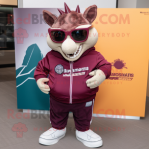 Maroon Armadillo mascot costume character dressed with a Sweatshirt and Sunglasses