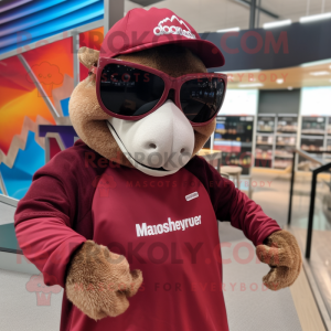 Maroon Armadillo mascot costume character dressed with a Sweatshirt and Sunglasses