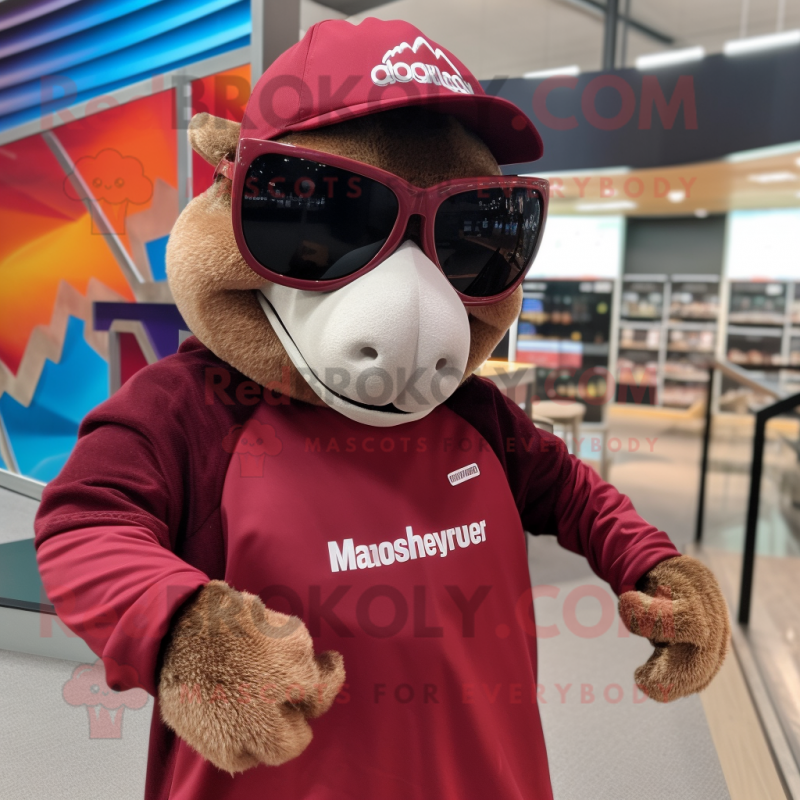 Maroon Armadillo mascot costume character dressed with a Sweatshirt and Sunglasses Maroon Armadillo mascot costume character dressed with a Sweatshirt and Sunglasses