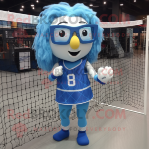 Blue Volleyball Net mascot costume character dressed with a Blouse and Reading glasses