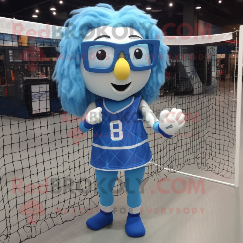 Blue Volleyball Net mascot costume character dressed with a Blouse and Reading glasses Blue Volleyball Net mascot costume character dressed with a Blouse and Reading glasses