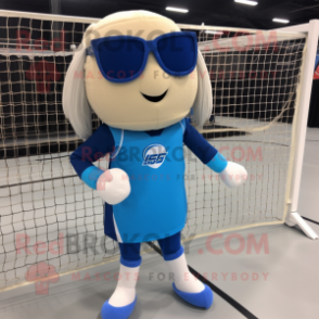 Blue Volleyball Net mascot costume character dressed with a Blouse and Reading glasses