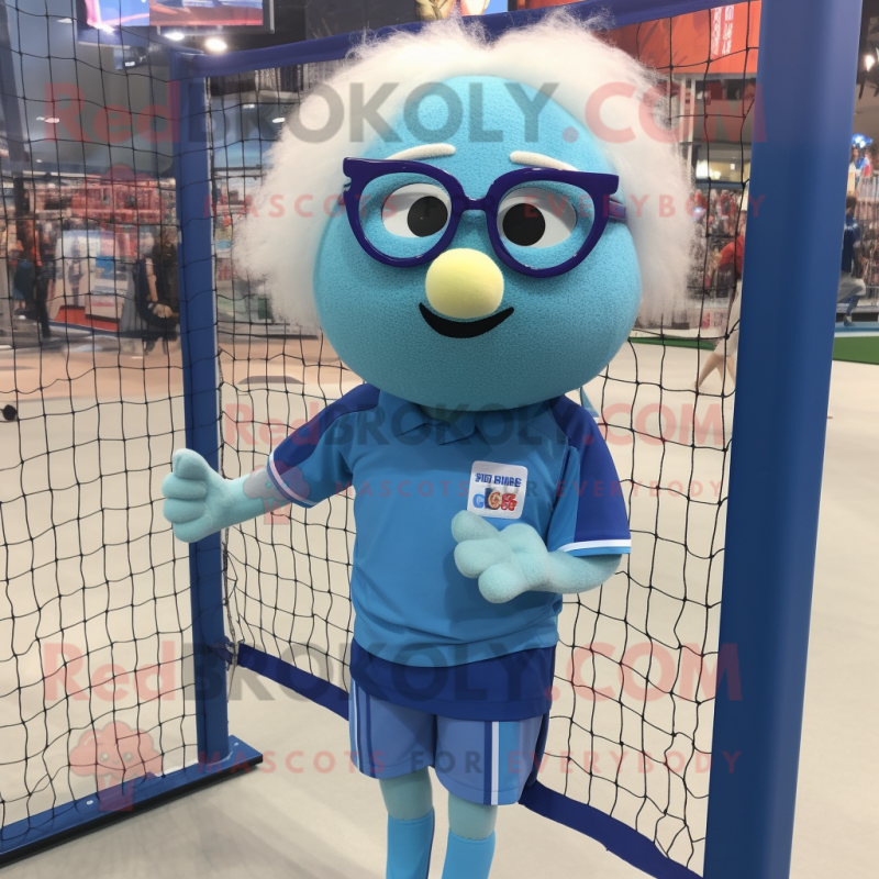 Blue Volleyball Net mascot costume character dressed with a Blouse and Reading glasses