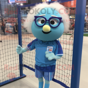 Blue Volleyball Net mascot costume character dressed with a Blouse and Reading glasses
