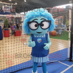 Blue Volleyball Net mascot costume character dressed with a Blouse and Reading glasses