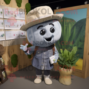 Gray Turnip mascot costume character dressed with a Denim Shirt and Brooches