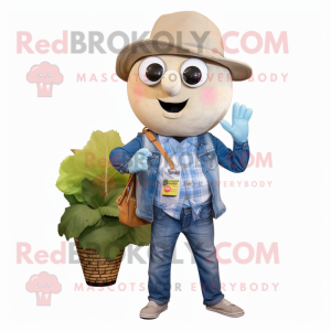 Gray Turnip mascot costume character dressed with a Denim Shirt and Brooches