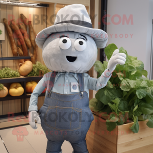 Gray Turnip mascot costume character dressed with a Denim Shirt and Brooches
