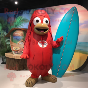 Red Surfboard mascot costume character dressed with a Parka and Wallets
