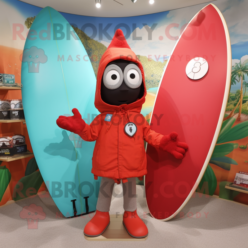Red Surfboard mascot costume character dressed with a Parka and Wallets Red Surfboard mascot costume character dressed with a Parka and Wallets