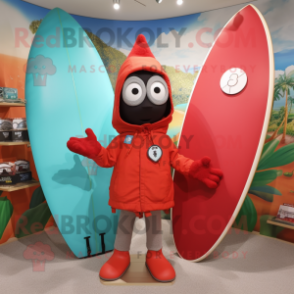 Red Surfboard mascot costume character dressed with a Parka and Wallets