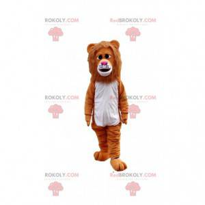 Bruine leeuw mascotte kijkt droevig, katachtig kostuum -