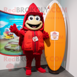 Red Surfboard mascot costume character dressed with a Parka and Wallets