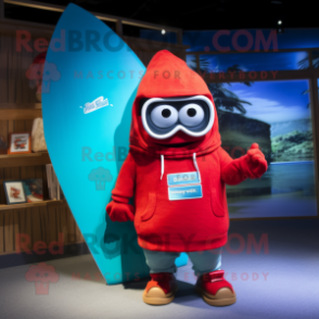 Red Surfboard mascot costume character dressed with a Parka and Wallets