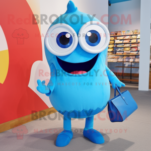 Blue Cyclops mascot costume character dressed with a Culottes and Handbags