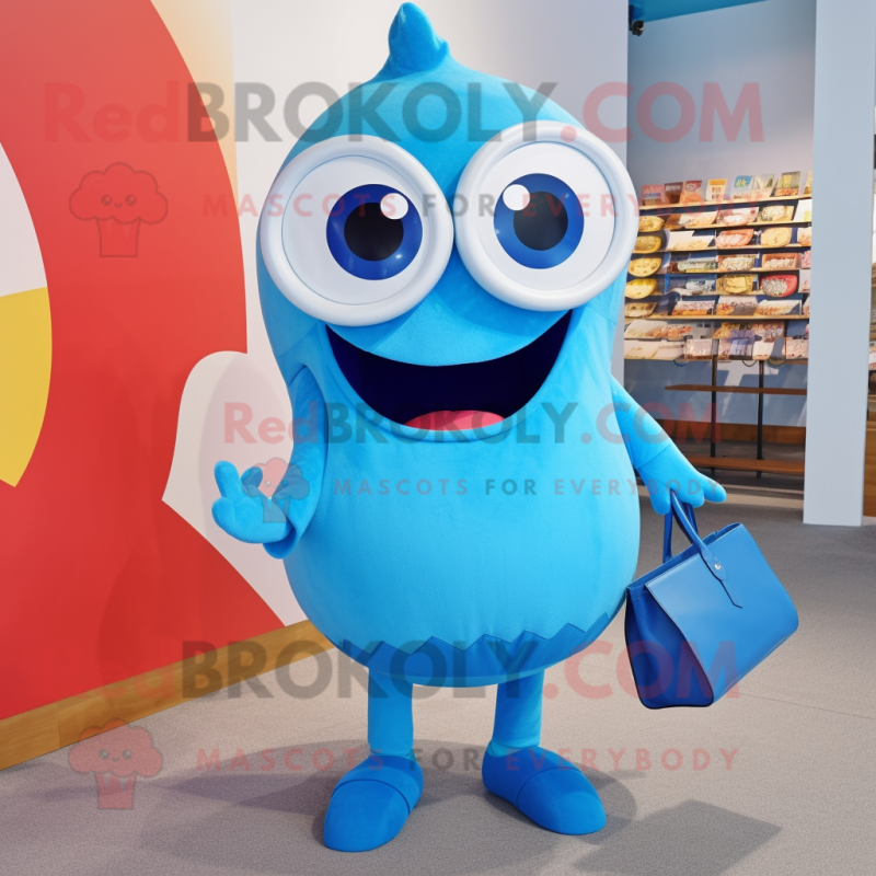 Blue Cyclops mascot costume character dressed with a Culottes and Handbags Blue Cyclops mascot costume character dressed with a Culottes and Handbags