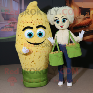 Olive Pop Corn mascot costume character dressed with a Mom Jeans and Handbags