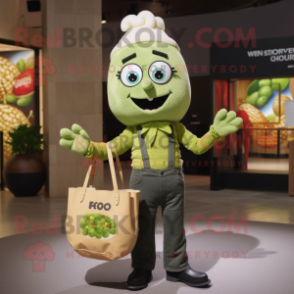 Olive Pop Corn mascot costume character dressed with a Mom Jeans and Handbags