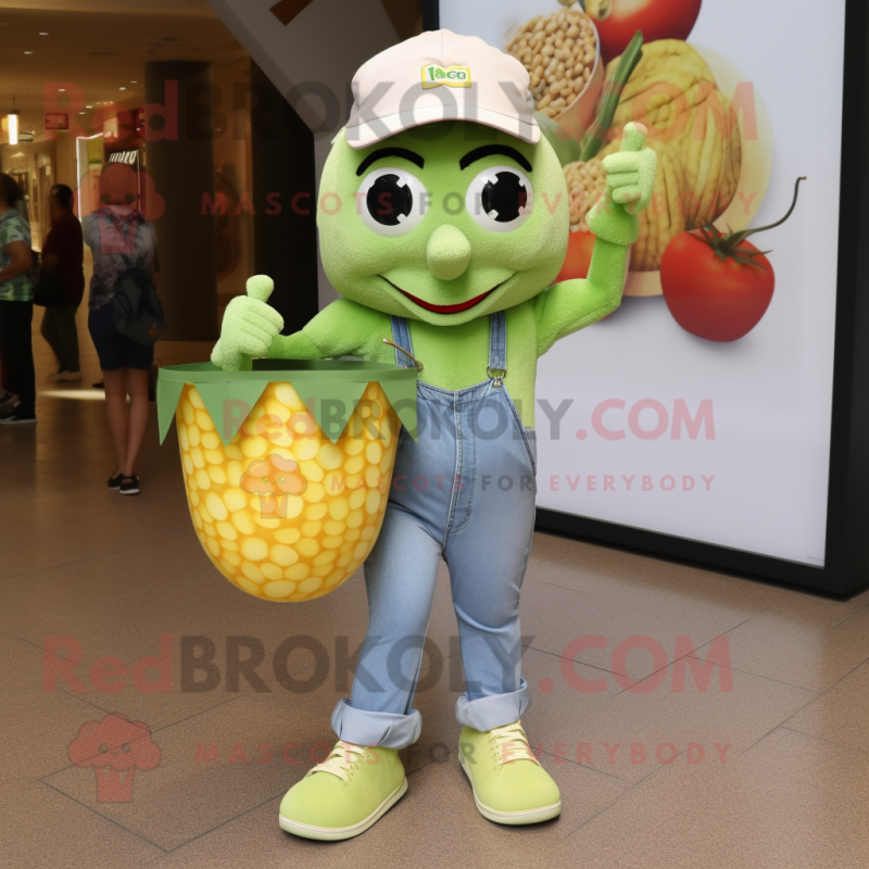 Olive Pop Corn mascot costume character dressed with a Mom Jeans and Handbags Olive Pop Corn mascot costume character dressed with a Mom Jeans and Handbags