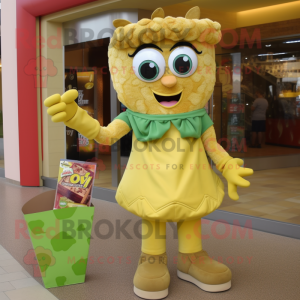 Olive Pop Corn mascot costume character dressed with a Mom Jeans and Handbags