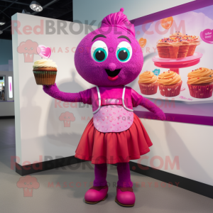 Magenta Cupcake mascot costume character dressed with a Shift Dress and Belts