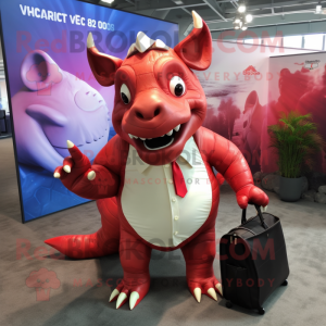 Red Triceratops mascot costume character dressed with a Wrap Skirt and Briefcases