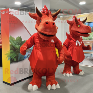 Red Triceratops mascot costume character dressed with a Wrap Skirt and Briefcases
