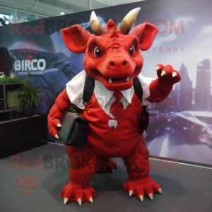 Red Triceratops mascot costume character dressed with a Wrap Skirt and Briefcases