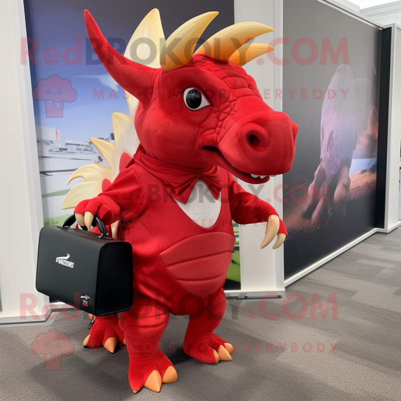 Red Triceratops mascot costume character dressed with a Wrap Skirt and Briefcases