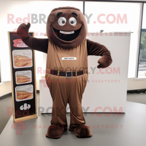Tan Chocolate Bar mascot costume character dressed with a Jumpsuit and Messenger bags