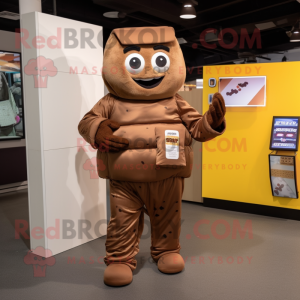 Tan Chocolate Bar mascot costume character dressed with a Jumpsuit and Messenger bags