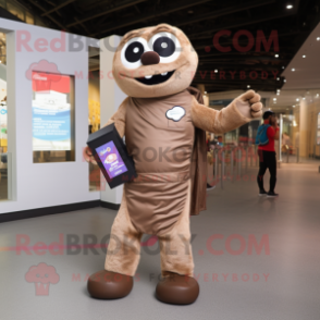 Tan Chocolate Bar mascot costume character dressed with a Jumpsuit and Messenger bags