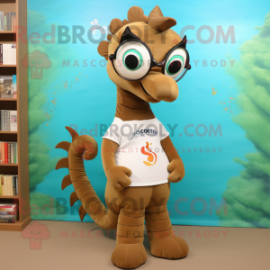 Brown Seahorse mascot costume character dressed with a Mini Dress and Reading glasses