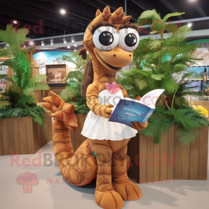 Brown Seahorse mascot costume character dressed with a Mini Dress and Reading glasses