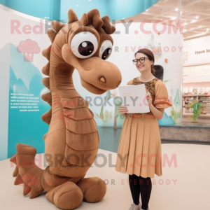 Brown Seahorse mascot costume character dressed with a Mini Dress and Reading glasses