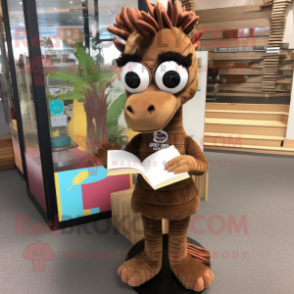 Brown Seahorse mascot costume character dressed with a Mini Dress and Reading glasses