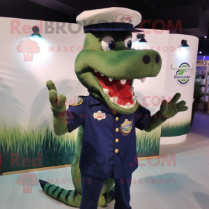 Navy Crocodile mascot costume character dressed with a Long Sleeve Tee and Hair clips