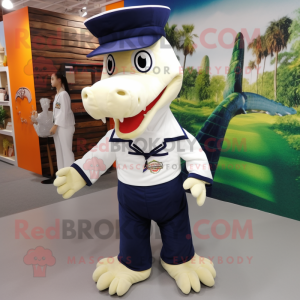 Navy Crocodile mascot costume character dressed with a Long Sleeve Tee and Hair clips