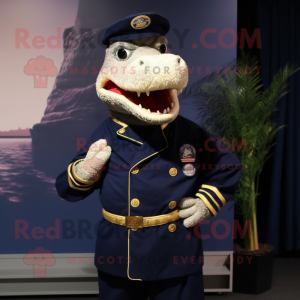 Navy Crocodile mascot costume character dressed with a Long Sleeve Tee and Hair clips