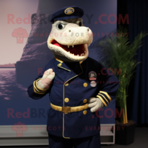 Navy Crocodile mascot costume character dressed with a Long Sleeve Tee and Hair clips