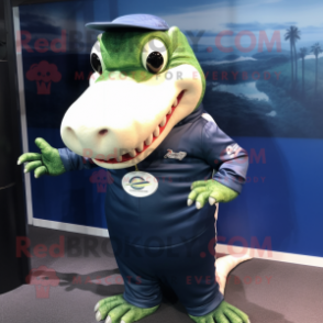 Navy Crocodile mascot costume character dressed with a Long Sleeve Tee and Hair clips